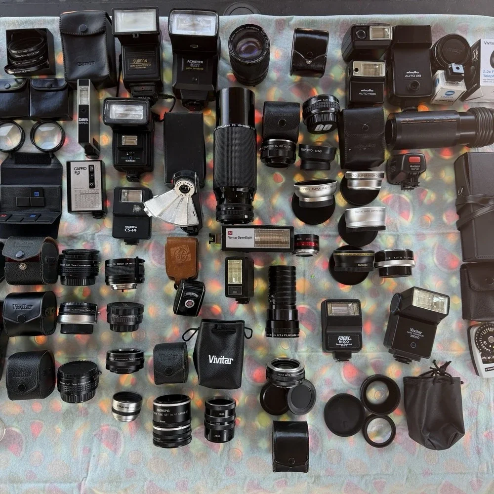 100+ Piece Lot of Camera Lenses,Filters,Extensions, Accessories & Flash-Untested